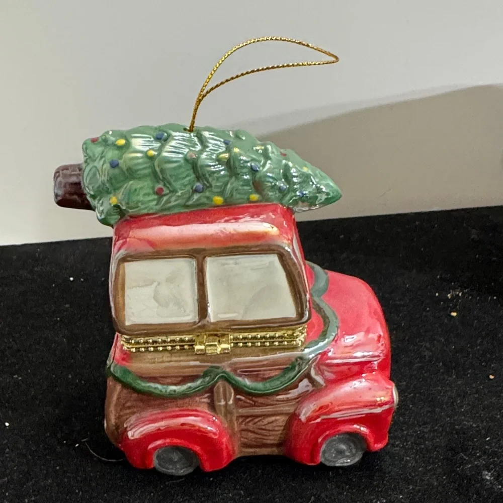 Mr. Christmas Porcelain Tree Hinged Music Box Ornament with Santa in Car